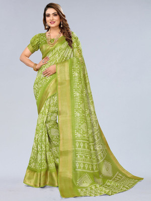 Moda Rapido Printed Bandhani Cotton Blend Saree(Green)