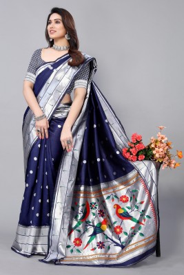 GK Textiles Woven Paithani Silk Blend Saree(Dark Blue)