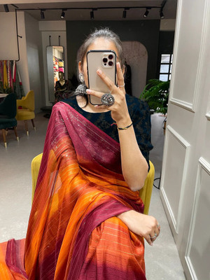 Riddhi textile Hub Striped Bollywood Chiffon Saree(Orange)