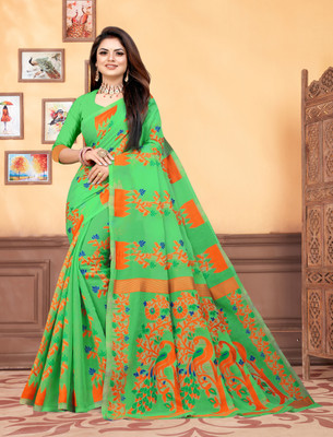 Vedant Vastram Self Design Jamdani Cotton Blend Saree(Green)