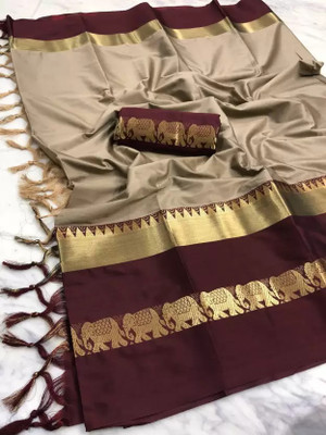 KanjiQueen Woven Kanjivaram Cotton Silk, Silk Blend Saree(Beige, Maroon)