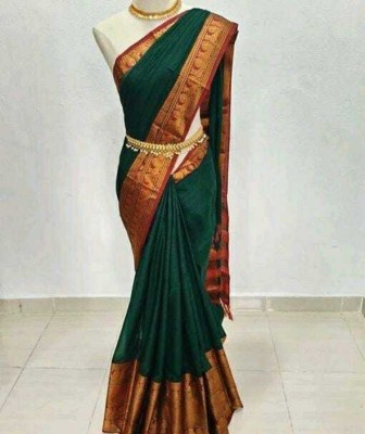 RUHKRUSH Woven, Embellished, Self Design, Solid/Plain Dharmavaram Cotton Silk, Jacquard Saree(Green)