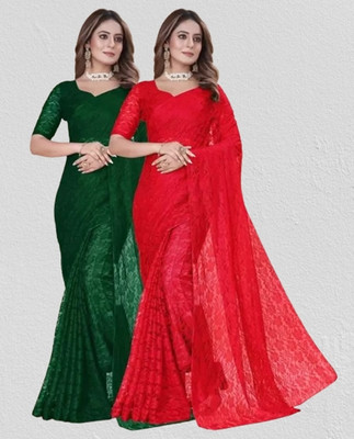 Amavii Floral Print Bollywood Net Saree(Pack of 2, Multicolor)