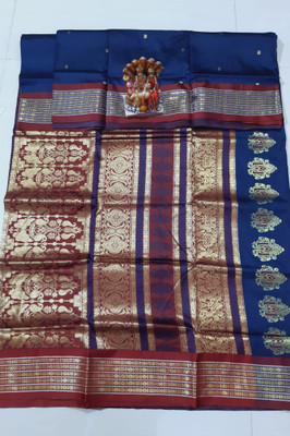 shaoncreation Woven, Printed, Solid/Plain Gadwal Jute Silk, Silk Blend Saree(Dark Blue, Multicolor)