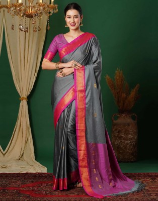 yourwish Woven, Checkered, Embellished, Self Design Patola Jacquard, Cotton Silk Saree(Grey, Pink, Gold)