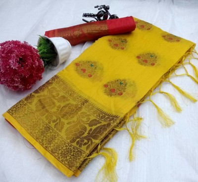 iZibra Woven, Self Design Kanjivaram Tussar Silk, Cotton Silk Saree(Yellow, Red)