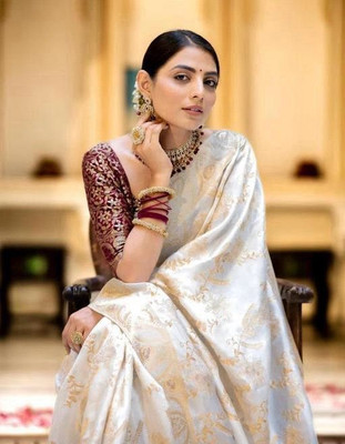 Rudr Venture Self Design Banarasi Cotton Silk Saree(White)
