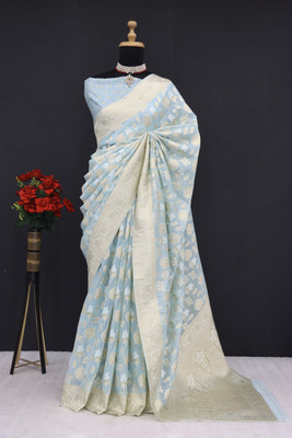 AAINA CREATION Printed Bollywood Tissue Saree(Light Blue)