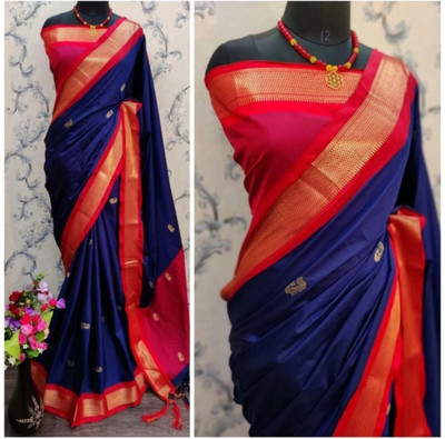 NST5 Self Design, Embellished, Woven Paithani Tissue, Cotton Silk Saree(Blue, Red)