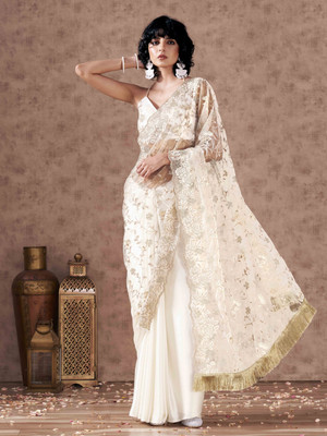 Tikhi Imli Embroidered Bollywood Net Saree(White)