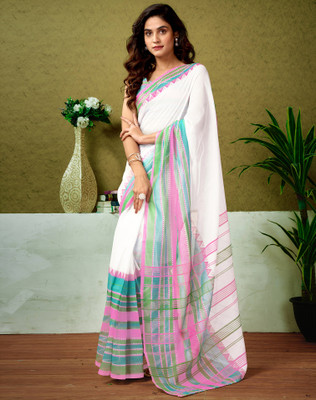 SIRIL Floral Print, Geometric Print, Printed Sambalpuri Chanderi, Cotton Blend Saree(White)