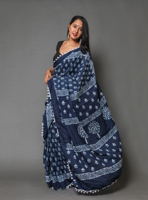 Craftmusium Printed, Color Block, Blocked Printed, Floral Print, Dyed Daily Wear Pure Cotton Saree(Blue)