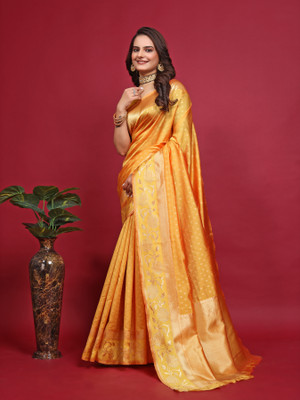 sorathiya enterprise Woven Banarasi Silk Blend Saree(Gold)