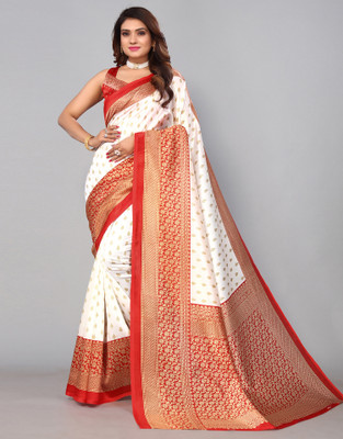 Samah Printed Banarasi Silk Blend Saree(White, Red)