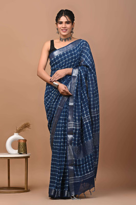 Dabu Printed Saree with Attached Blouse Linen Saree(Blue)