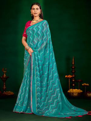 Tasrika Embellished Leheria Chiffon Saree(Light Blue)