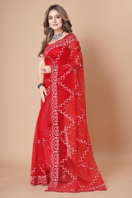 SHELDROM MART Embroidered Bollywood Net Saree(Red)