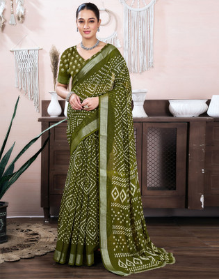 Samah Embellished, Printed Bandhani Linen, Cotton Blend Saree(Green)