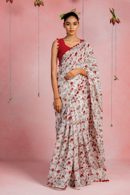 MIRCHI FASHION Floral Print Daily Wear Cotton Blend Saree(White, Red)