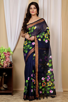DipDiya Hand Painted, Self Design Handloom Cotton Blend Saree(Multicolor)