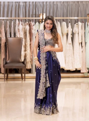 VRLOOKMEFASHION Embroidered Bollywood Pure Silk Saree(Blue)