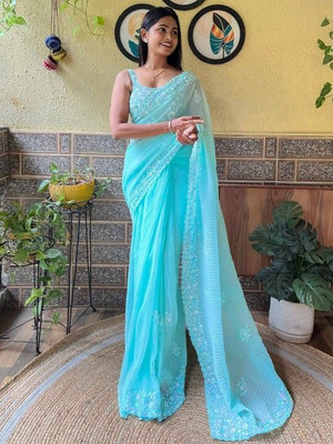 DDesigner Self Design, Embroidered, Embellished, Floral Print Bollywood Georgette Saree(Blue)