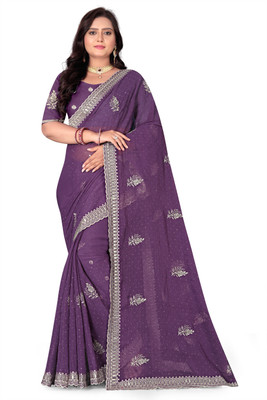 CELVIRA Embroidered Chanderi Georgette Saree(Purple)