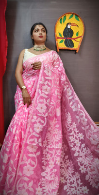 bongstyle Woven Jamdani Cotton Silk Saree(Purple)