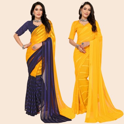 kashvi sarees Striped Bollywood Satin Saree(Pack of 2, Yellow, Blue)