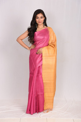 Jharcraft Color Block Handloom Tussar Silk, Silk Blend Saree(Pink, Orange)