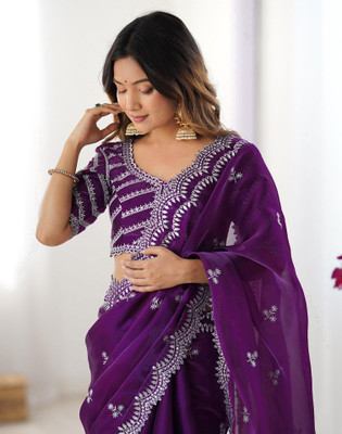 Satrani Embroidered, Embellished Bollywood Tissue Saree(Purple)