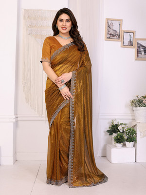 Anand Sarees Embellished Bollywood Net, Lace Saree(Gold)