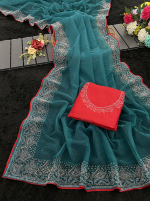 JENNYFEB Embellished Bollywood Supernet Saree(Dark Green)