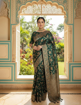 Bindi Embellished Banarasi Jacquard Saree(Dark Green)