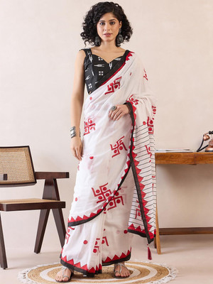 shreeji ecom Printed Handloom Pure Cotton Saree(White)