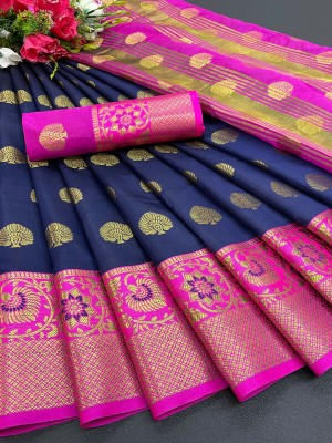 AFF Fashion Embellished, Self Design, Woven Banarasi Art Silk, Cotton Silk Saree(Dark Blue)