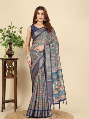 HouseOfCommon Blocked Printed Mysore Art Silk Saree(Blue)