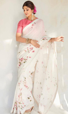 SPOTXY Floral Print Kanjivaram Pure Cotton, Cotton Silk Saree(White)