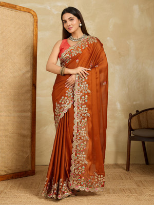 SARETRA MALL Embroidered, Floral Print Bollywood Tissue, Organza Saree(Orange)
