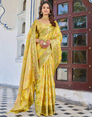 Samah Woven, Embellished Banarasi Silk Blend Saree(Multicolor, Yellow)