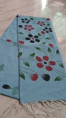 Sandhyatara Printed Handloom Cotton Blend Saree(Light Blue)