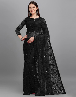 VANRAJ CREATION Self Design Bollywood Net Saree(White, Black)