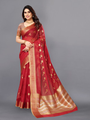 Moda Rapido Printed Kota Doria Cotton Silk, Jacquard Saree(Red)