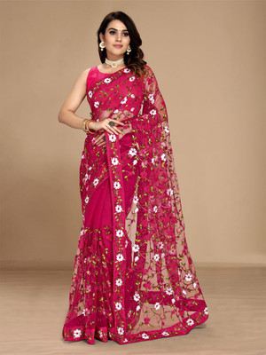 pridewear Embroidered Bollywood Net Saree(Pink)