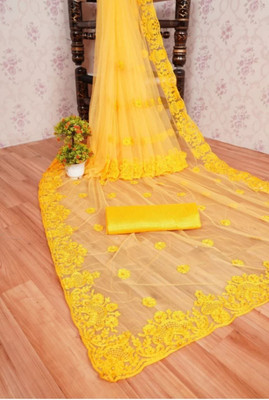 NIYANTAKSH Embroidered Bollywood Net Saree(Yellow)