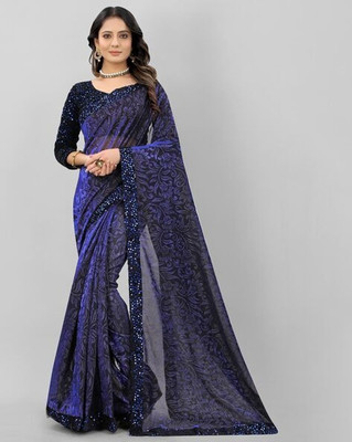 Amavii Embellished, Floral Print Bollywood Lycra Blend Saree(Dark Blue)