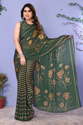 FABMORA Floral Print Daily Wear Chiffon Saree(Dark Green)