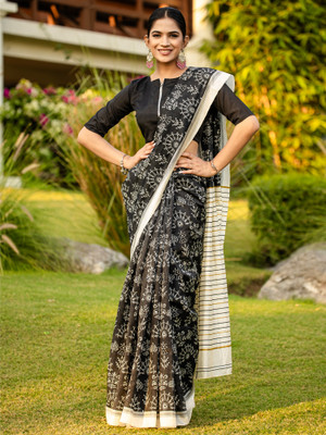 Anouk Rustic Printed Hand Batik Silk Blend Saree(Black)