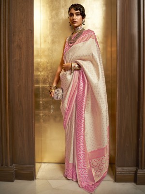 Sareemall Woven Banarasi Silk Blend Saree(Cream)