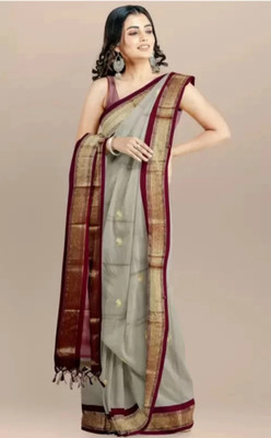 Hashir textile Woven, Striped, Temple Border Paithani Cotton Silk Saree(Mustard)